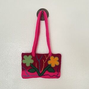Hand Made Felted Wool Purse Pink With Green And Orange Flowers